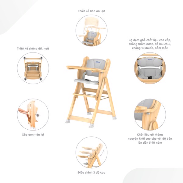 Ghế gỗ ăn bột Autoru H1- điều chỉnh 3 độ cao