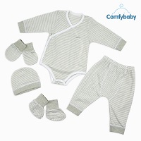 Set Bodysuit sơ sinh 5 món ComfyBaby (quần áo dài tay, bao tay chân, mũ) kẻ sọc màu xanh lá